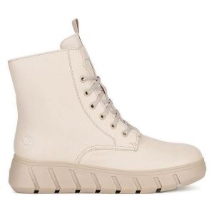 Trzewiki Rieker. Brązowe botki Rieker, bez wzorów, bez obcasa, na płaskiej podeszwie, bez zapięcia. Za 293,99 zł.