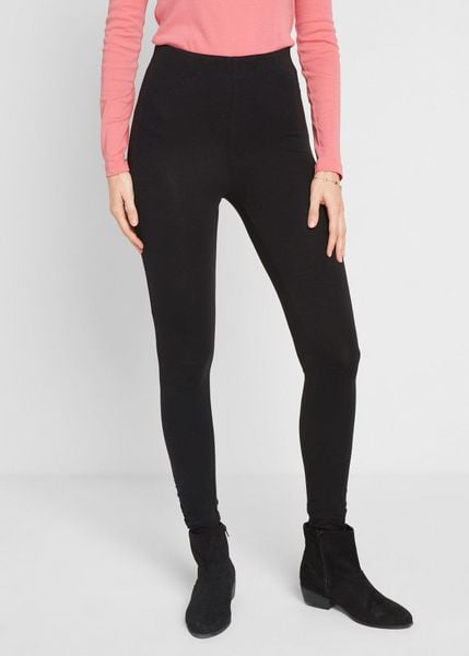 Legginsy z mieszanki bawełny z marszczeniem. Czarne legginsy bonprix, bez wzorów, z bawełny. Za 62,99 zł.