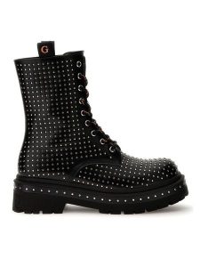 Guess Trzewiki Joya FL7JYA PEL10 Czarny. Czarne botki Guess, z aplikacjami, ze skóry, bez obcasa, na płaskiej podeszwie, bez zapięcia. Za 579,99 zł.