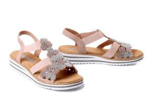 RIEKER V0613-90 pink, sandały damskie. Czerwone sandały Rieker, bez wzorów, bez obcasa, bez zapięcia. Za 319,90 zł.