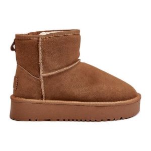 Skórzane Zamszowe Śniegowce Na Platformie Za Kostkę Camel Rianaella beżowy. Brązowe buty zimowe z zamszu, za kostkę, bez obcasa, na platformie, bez zapięcia. Za 328,54 zł.