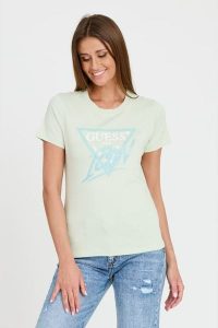 GUESS Miętowy t-shirt Icon Tee. Zielone t-shirty Guess, s, z aplikacjami, bez kołnierzyka, bez ramiączek. W wyprzedaży za 181,99 zł.