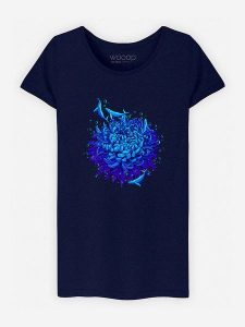 WOOOP Koszulka "Sea Flower" w kolorze granatowym rozmiar: M. Niebieskie bluzki Wooop, m, bez wzorów, z bawełny, bez kołnierzyka, bez ramiączek. Za 70,24 zł.