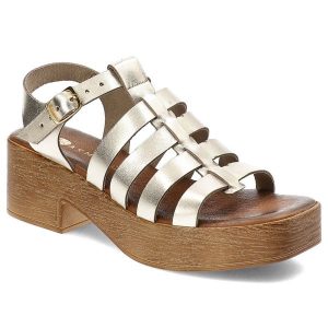 Złote Sandały Armodo Eleganckie Obuwie Damskie. Żółte sandały Armodo, bez wzorów, bez obcasa, na obcasie, bez zapięcia. Za 279,00 zł.