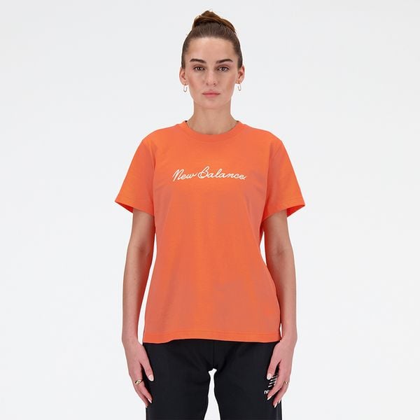 Koszulka damska New Balance WT41909GFR – pomarańczowa. Brązowe bluzki New Balance, m, bez wzorów, z materiału, eleganckie, bez kołnierzyka, bez ramiączek. Za 49,99 zł.