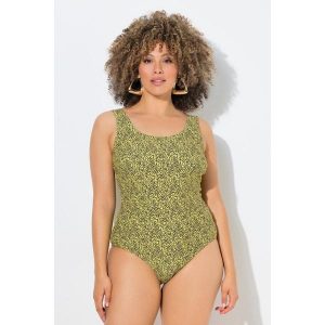 Damskie Strój kąpielowy kropki bez miękkich miseczek okrągły dekolt. Zielone stroje jednoczęściowe Ulla Popken, bez wzorów, z elastanu. Za 199,99 zł.