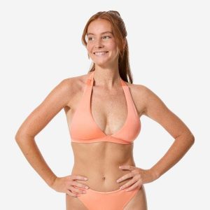 Góra kostiumu kąpielowego surfingowego damski Decathlon Cora Zuma. Brązowe bikini DECATHLON, bez wzorów, z elastanu. Za 69,99 zł.