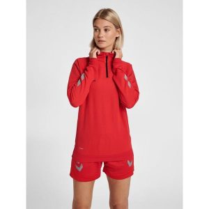 Damska bluza z zamkiem błyskawicznym Hummel Lead. Czerwone bluzy Hummel, bez wzorów, bez kaptura. W wyprzedaży za 159,00 zł.