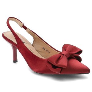 Czółenka damskie D&A by S.Barski o eleganckim fasonie z ozdobną kokardą smukłym noskiem i wysokim obcasem typu szpilka czerwone MR62-9107 Red. Czerwone czółenka S.BARSKI, bez wzorów, bez obcasa, na szpilce, bez zapięcia. Za 149,00 zł.