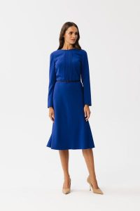 Chabrowa Midi Sukienka Trapezowa z Przeszyciami. Niebieskie sukienki MOE, l, bez wzorów, z elastanu, bez kołnierzyka, bez ramiączek, midi, trapezowe. Za 316,90 zł.