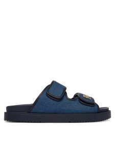 Tommy Hilfiger Klapki Double Strap Denim Sandal FW0FW09123 Niebieski. Niebieskie klapki TOMMY HILFIGER, bez wzorów, z denimu, bez obcasa. Za 489,99 zł.
