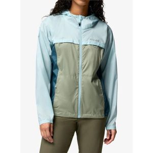 Kurtka przeciwwiatrowa damska Columbia Crested Canyon Windbreaker. Niebieskie kurtki Columbia, bez wzorów, z softshellu, bez kaptura. Za 326,49 zł.