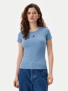Tommy Jeans T-Shirt Badge DW0DW17881 Niebieski Slim Fit. Niebieskie t-shirty Tommy Jeans, l, bez wzorów, z bawełny, bez kołnierzyka, bez ramiączek. Za 119,99 zł.