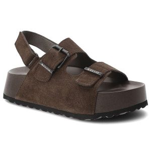 Sandały damskie Big Star, cholewka ze skóry naturalnej zamszowej z regulowanymi paskami na masywnej podeszwie o dobrej amortyzacji, brązowe, TT274236. Brązowe sandały Big Star, bez wzorów, ze skóry, bez obcasa, na platformie, bez zapięcia. Za 215,90 zł.