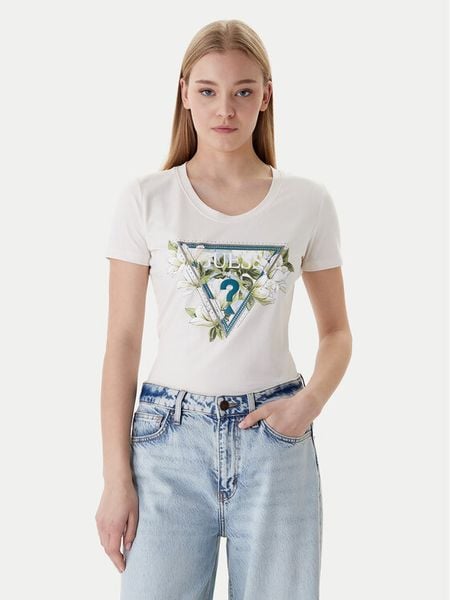 Guess T-Shirt W6RI35 J1314 Écru Slim Fit. Białe t-shirty Guess, xs, z aplikacjami, z bawełny, bez kołnierzyka, bez ramiączek. Za 124,99 zł.