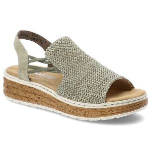 Sandały damskie Rieker, cholewka z materiału tekstylnego o plecionej strukturze odkrytą piętą na lekkiej platformowej podeszwie, zielone, 62741-52. Zielone sandały Rieker, bez wzorów, bez obcasa, na platformie, bez zapięcia. Za 319,00 zł.