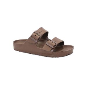 Klapki Birkenstock Arizona Eva Damskie. Brązowe klapki Birkenstock, bez wzorów, z materiału, bez obcasa. Za 359,99 zł.