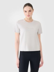 4F T-shirt regular z nadrukiem damski - szary S. Szare t-shirty 4f, s, bez wzorów, z bawełny, bez kołnierzyka, bez ramiączek. W wyprzedaży za 29,99 zł.