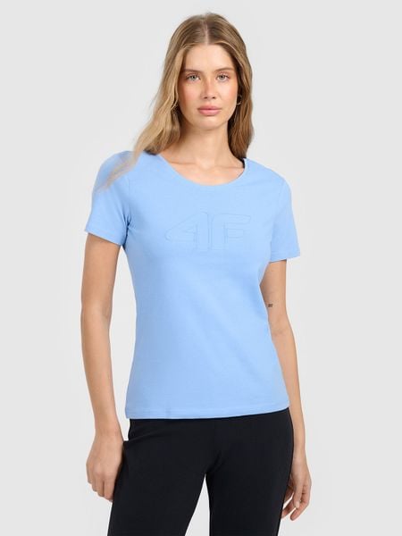 4F T-shirt slim z nadrukiem damski - niebieski M. Niebieskie t-shirty 4f, m, bez wzorów, z bawełny, bez kołnierzyka, bez ramiączek. W wyprzedaży za 39,99 zł.