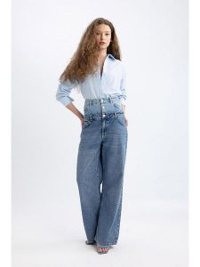 Trendyol Dżinsy - Comfort fit - w kolorze niebieskim rozmiar: 38. Niebieskie jeansy Trendyol, bez wzorów, z bawełny, z podwyższonym stanem. Za 175,67 zł.
