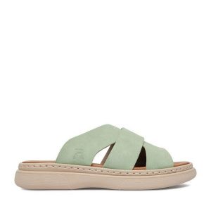 Klapki Rieker. Zielone klapki Rieker, bez wzorów, bez obcasa. Za 259,99 zł.