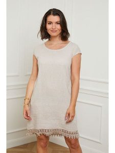 Curvy Lady Lniana sukienka w kolorze beżowym rozmiar: 48/50. Brązowe sukienki Curvy Lady, na co dzień, bez wzorów, z koronki, klasyczne, bez kołnierzyka, bez ramiączek, mini, proste. Za 118,56 zł.