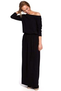 Czarna Zbluzowana Maxi Sukienka z Paskiem. Czarne sukienki MOE, l, bez wzorów, z bawełny, bez kołnierzyka, bez ramiączek, maxi. Za 306,90 zł.