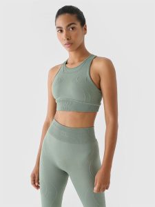 4F Biustonosz treningowy bezszwowy ze średnim wsparciem 4F x Anna Lewandowska - oliwkowy/khaki XXS/XS. Brązowe biustonosze 4f, bez wzorów, z dzianiny. W wyprzedaży za 79,99 zł.