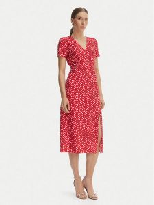 Morgan Sukienka codzienna 261-ROIS Czerwony Regular Fit. Czerwone kombinezony Morgan, bez wzorów, z wiskozy, bez kołnierzyka, bez ramiączek. Za 449,99 zł.