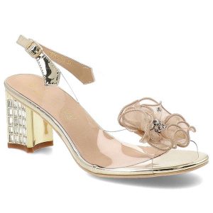 Złote Sandały S.Barski Eleganckie Obuwie Żelki Damskie. Żółte sandały S.BARSKI, z aplikacjami, bez obcasa, na obcasie, bez zapięcia. Za 199,00 zł.