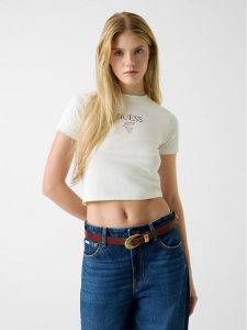 Guess Jeans T-Shirt W6RI15 J1314 Écru Regular Fit. T-shirty Guess Jeans, l, z aplikacjami, z bawełny, bez kołnierzyka, bez ramiączek. Za 129,99 zł.