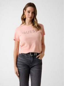 Guess T-Shirt 182375 Różowy Classic Fit. Czerwone t-shirty Guess, xxl, z aplikacjami, bez kołnierzyka, bez ramiączek. Za 154,99 zł.