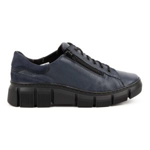 WASAK Półbuty damskie sneakersy skórzane 0663W granatowe niebieskie. Niebieskie półbuty na jesień, bez wzorów, z polaru, bez obcasa, bez zapięcia. Za 423,31 zł.
