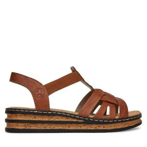 Sandały Rieker. Brązowe sandały Rieker, bez wzorów, bez obcasa, na koturnie, bez zapięcia. Za 299,99 zł.