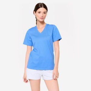Koszulka z krótkim rękawem damska Domyos Gym & Pilates. Niebieskie bluzki NYAMBA, xs, bez wzorów, z bawełny, sportowe, bez kołnierzyka, bez ramiączek. Za 39,99 zł.