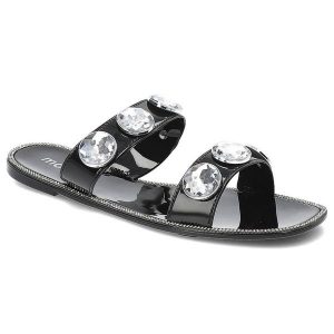 Czarne Klapki Moow Eleganckie Buty Na Lato. Czarne klapki Moow, bez wzorów, ze skóry ekologicznej, bez obcasa. Za 129,00 zł.