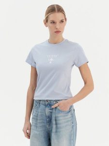 Guess T-Shirt V4YI21 KCDH1 Błękitny Regular Fit. Niebieskie t-shirty Guess, xs, z aplikacjami, z bawełny, bez kołnierzyka, bez ramiączek. Za 159,99 zł.