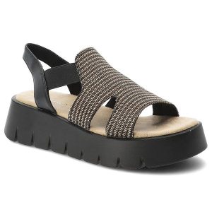 Sandały damskie Marco Tozzi, cholewka ze skóry ekologicznej i materiału wsuwane na wyższej podeszwie, czarne, 2-28524-46 098. Czarne sandały Marco Tozzi, bez wzorów, ze skóry ekologicznej, bez obcasa, na koturnie, bez zapięcia. Za 209,00 zł.