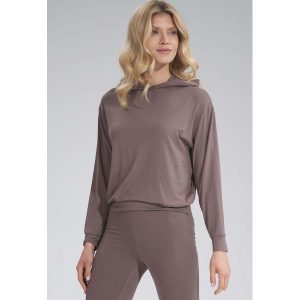 Cienka Wiskozowa Bluza z Kapturem - Brązowa. Brązowe bluzy Figl, m, bez wzorów, z elastanu, z kapturem. Za 199,00 zł.