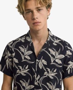 Superdry Koszula krótkim rękawem Hawaiian Print Canna Leaves Navy. Niebieskie koszule Superdry, l, bez wzorów, z bawełny, bez kołnierzyka, bez ramiączek. Za 223,50 zł.