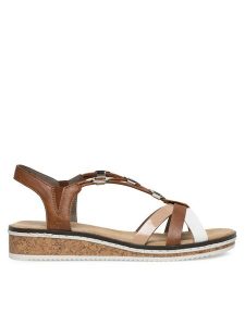 Rieker Sandały V3657-81 Brązowy. Brązowe sandały Rieker, bez wzorów, z syntetyku, bez obcasa, na płaskiej podeszwie, bez zapięcia. Za 269,99 zł.