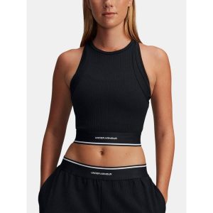 Top treningowy damski Under Armour Meridian Rib Branded Tank. Czarne topy Under Armour, m, bez wzorów, sportowe, bez kołnierzyka, bez ramiączek. Za 139,99 zł.