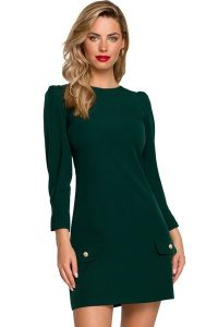 Elegancka sukienka trapezowa z bufiastymi rękawami butelkowa zieleń. Zielone sukienki Makover, na imprezę, s, bez wzorów, eleganckie, bez kołnierzyka, bez ramiączek, trapezowe. Za 259,00 zł.
