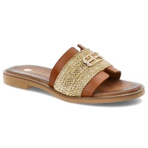 Brązowe Klapki Armodo Stylowe Obuwie Damskie. Brązowe klapki Armodo, z aplikacjami, z jeansu, bez obcasa, na płaskiej podeszwie. Za 289,00 zł.