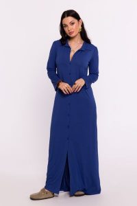Niebieska Maxi Sukienka Wiskozowa z Guzikami. Niebieskie sukienki MOE, l, bez wzorów, z elastanu, bez kołnierzyka, bez ramiączek, maxi. Za 361,90 zł.