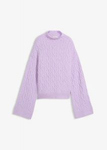 Sweter ze wzorem w warkocze. Fioletowe swetry klasyczne bonprix, bez kołnierzyka. Za 127,99 zł.