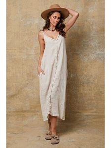 Joséfine Lniana sukienka "Louisa" w kolorze beżowym rozmiar: XL. Brązowe sukienki Joséfine, xl, bez wzorów, ze lnu, bez kołnierzyka, bez ramiączek, maxi. Za 152,99 zł.