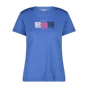 Damski T-shirt z okrągłym dekoltem z wełny merino CMP. Niebieskie t-shirty CMP, bez wzorów, z wełny, bez kołnierzyka, bez ramiączek. Za 261,30 zł.
