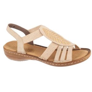 Sandały Rieker Sandals 608C0-62 beżowy. Brązowe sandały bez wzorów, z gumy, z otwartym noskiem, bez obcasa, bez zapięcia. W wyprzedaży za 358,71 zł.