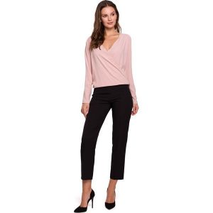 Pudrowa Stylowa Bluzka z Kopertowym Dekoltem. Czarne bluzki MAKEOVER, l, bez wzorów, z elastanu, eleganckie, bez kołnierzyka, bez ramiączek. Za 154,90 zł.